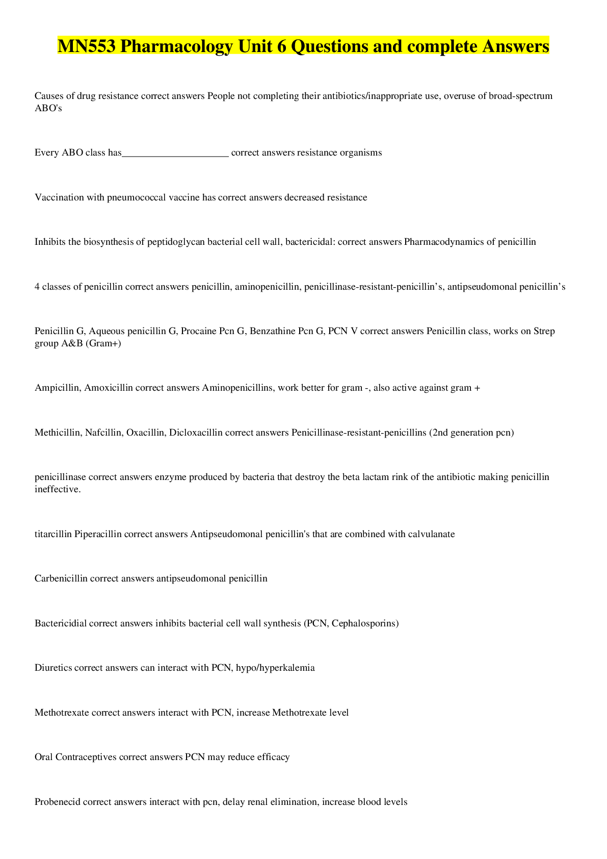 Preview image for MN553 Pharmacology Unit 6 Questions and complete Answers